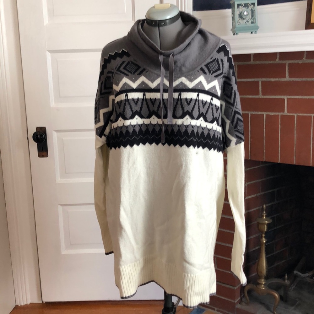 Cowl neck tunic length sweater